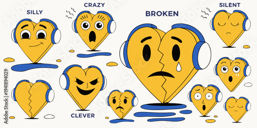 Emoji heart broken character clipart set. Emojis cute face clip art with headphone, silly, crazy, clever, silent and broken heart emoticon facial expression yellow 3d graphic elements collection icon
