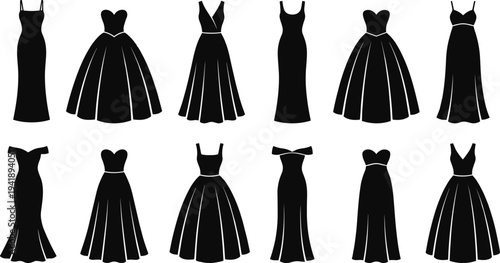 WebVector illustration of diverse dress silhouettes showing formal fashion styles, gowns, ball gowns, necklines, sleeves, skirts, concept for clothing, apparel, design