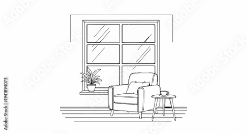 A comfortable armchair and a small table with a cup are placed near a window with plants