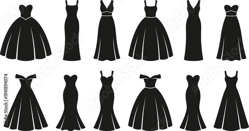 WebVector illustration of evening gown silhouettes showing diverse formal fashion styles, mermaid dresses, ball gowns, necklines, sleeves, skirts, clothing, apparel, design