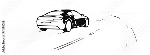 A black and white sketch of a sporty car driving on a road
