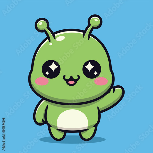 Adorable green cartoon alien waving with big sparkling eyes and blush cheeks