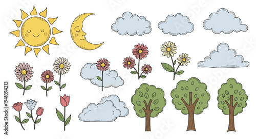 The sun and moon shine on trees and flowers in a field with clouds.