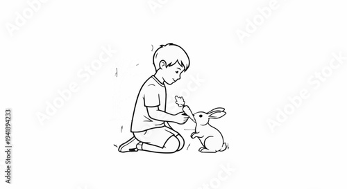 A boy kneels, offering a carrot to a small rabbit