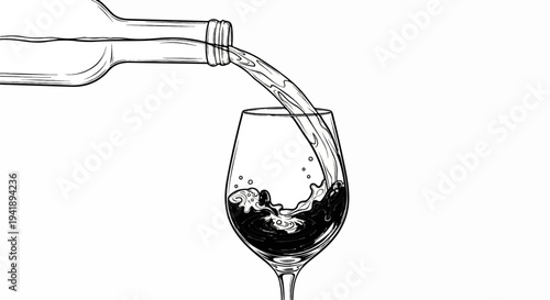A black and white sketch shows wine being poured from a bottle into a glass