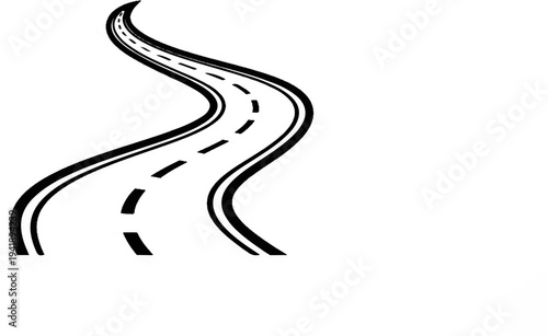 A black and white stylized illustration of a winding road curving upwards