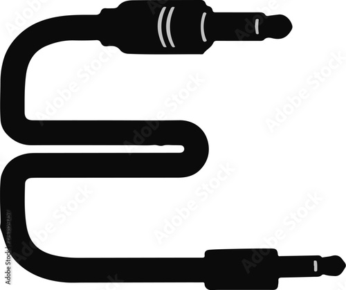A black audio cable with two plugs is coiled and isolated on white