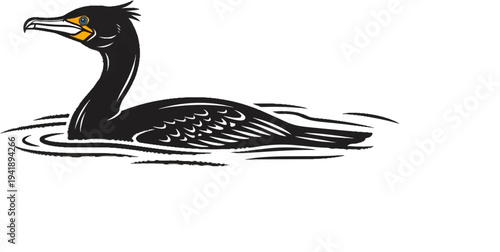 A black bird with a yellow beak and blue eye swims on rippling water