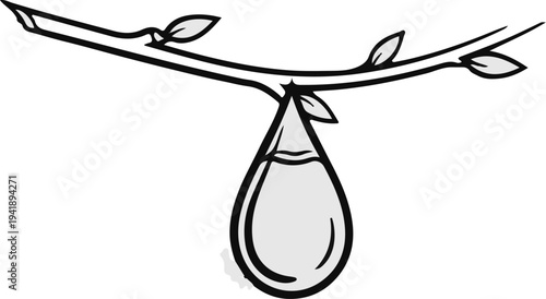 A branch with a hanging pouch holding a liquid