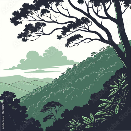 Lush rainforest ridge with rich greenery and dramatic cloudscape