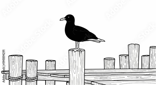A black bird stands perched on a wooden piling at a dock