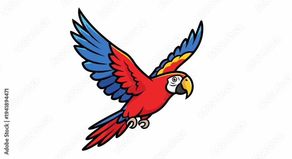 Fototapeta premium A brightly colored macaw in mid-flight with spread wings and tail feathers