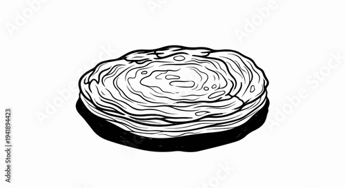 A black and white ink drawing of a layered pastry with a shadow