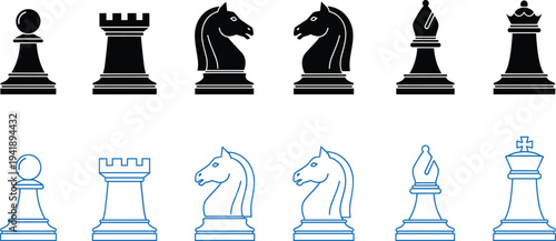 Vector Illustration of Chess Pieces Including Pawn, Rook, Knight, Bishop, Queen, and King in Two Styles