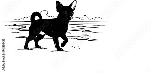 A black chihuahua walks along a textured shore under a cloudy sky