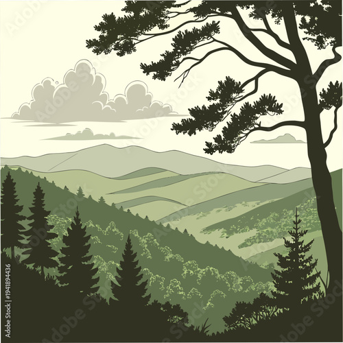 Rolling green hills with layered mountains and trees