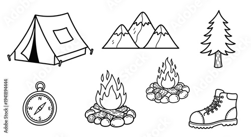Camping scene with tent, mountains, tree, campfire, and hiking gear