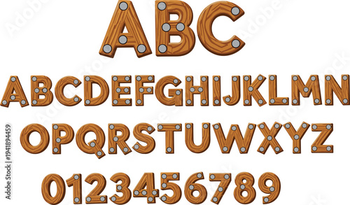 Vector Collection of Wooden Alphabet Letters and Numbers with Bolts Showing Construction and Industrial