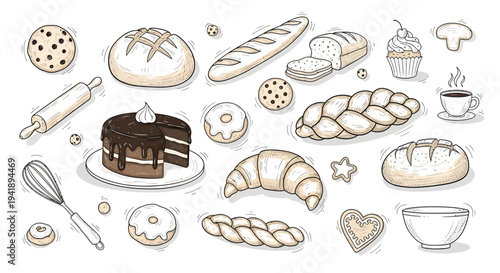 Assorted baked goods and baking utensils arranged on a clean white background from a straightforward overhead viewpoint