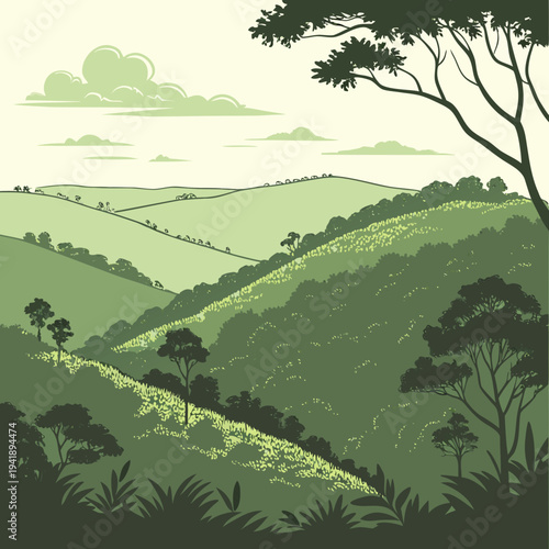 Rolling green jungle hills with dense vegetation and trees