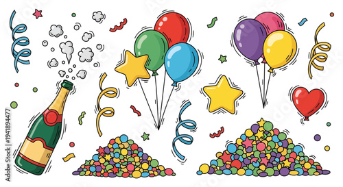 Vibrant celebration scene with balloons, confetti, and champagne bottle, showcasing festive decorations and joyful atmosphere from a straightforward viewpoint.