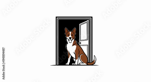 A brown and white dog sits happily by an open doorway