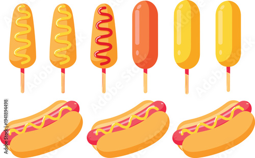 Vector Illustration of Corn Dogs and Hot Dogs with Mustard and Ketchup in American Fast Food