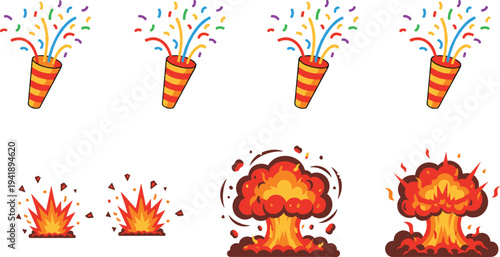 Colorful party poppers with confetti and dynamic fiery explosion cartoon illustrations for celebration, danger, and creative graphic design projects