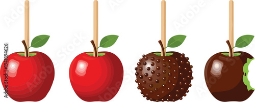 Vector Illustration of Four Candy Apples Showing Preparation, Chocolate Coating, Sprinkles, and Consumption Stages