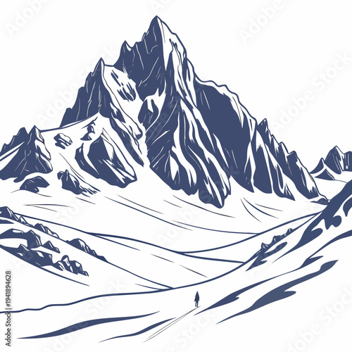 Glacier mountain block with jagged icy ridges and snow