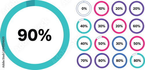 Colorful circular progress indicator vector illustration showing percentage completion for dashboards, reports, and user interface design