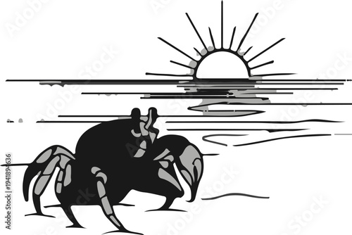 A crab walks on a beach during a striking sunset by the ocean