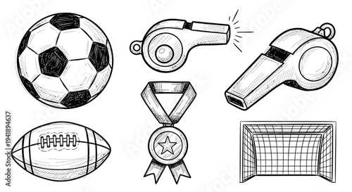 Collection of sports icons, including soccer ball, whistle, medal, rugby ball, and goal net, in simple line illustrations