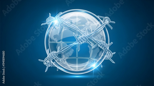 Glossy Blue World Globe Wrapped in Barb Wire, Concept of Border Control and Human Rights Crisis.