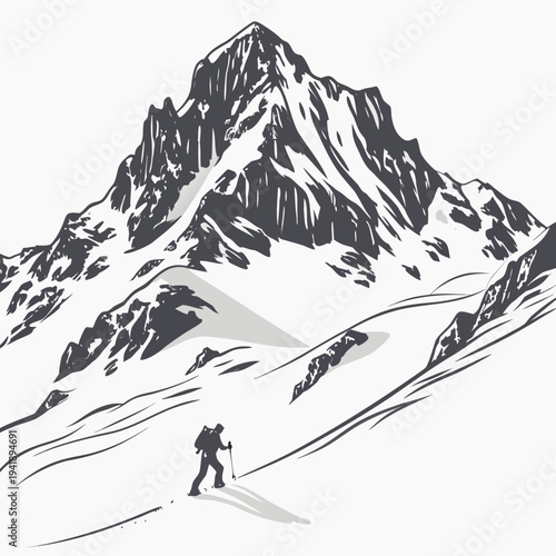Monochrome of hiker on snowy mountain slope with large peak