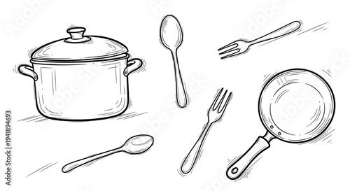 Kitchen utensils and cookware illustration featuring pot, pan, spoon, fork, and ladle in a simple line drawing style