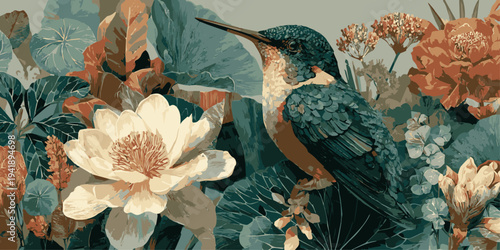 Vibrant watercolor hummingbird perched amidst lush foliage and exotic flowers, isolated on transparent background