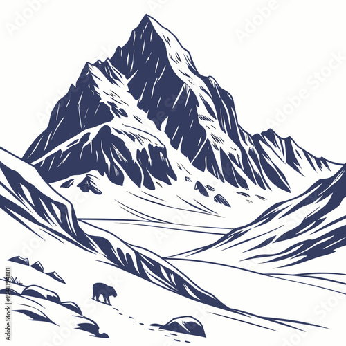 Polar ice mountain structure with thick snow cover and bear