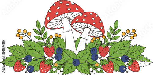 Vibrant illustration of red mushrooms surrounded by fresh green leaves, ripe strawberries, and blueberries.
