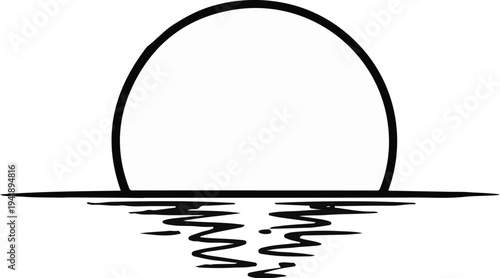 A black outline depicts a setting sun reflected in water with wavy lines