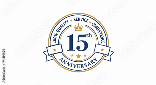15th Anniversary seal with crown, stars, and ribbon