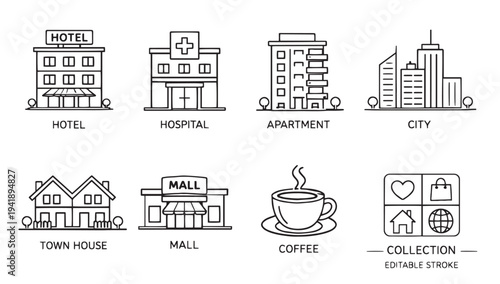 A collection of various urban and commercial building icons on a white background