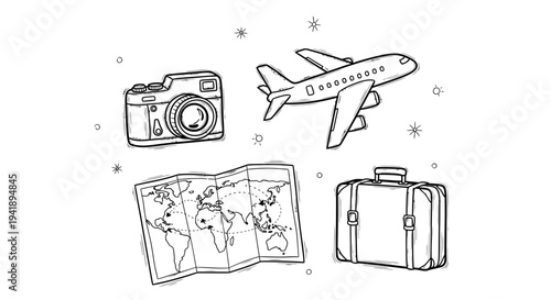 Travel essentials illustration featuring camera, airplane, map, and luggage in a minimalist style