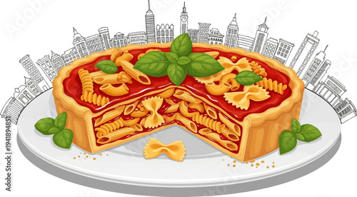 A cross-section of a pasta pie topped with basil and a city skyline