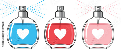Colorful vector illustration of perfume bottles spraying mist with heart design for fragrance, beauty, and product marketing projects