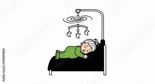 A baby sleeps peacefully on a bed with a mobile overhead