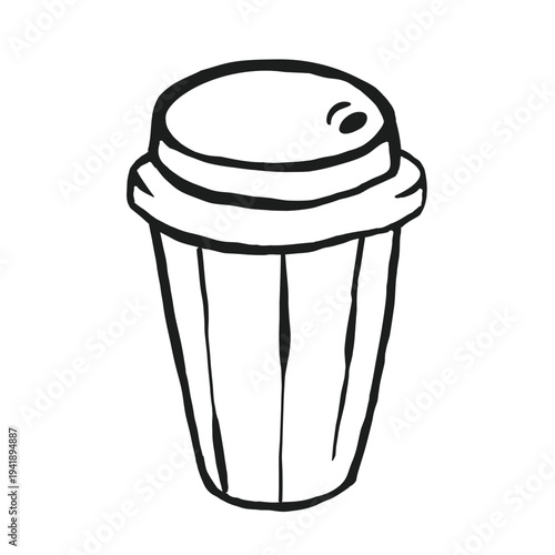 Hand drawn whimsical coffee cup illustration with lid and ribbed design, isolated on white background