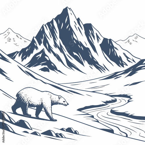 Arctic landscape with polar bear and mountain range