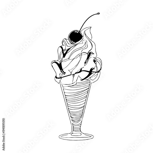 Ice cream sundae with whipped topping and cherry in sketch style on white background, concept of dessert and sweets illustration