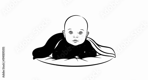A bald baby in dark clothing lays on a pillow, looking forward